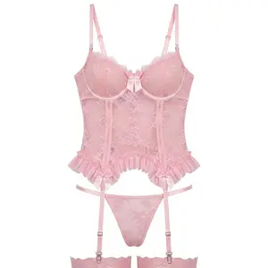 Pink Lace Coquette Corset 4-Piece Set - Underwire Fishbone Bustier with Garter Straps, Thong & Mesh Sleeves - Cute Ribbons Y2K Lingerie Set for Women