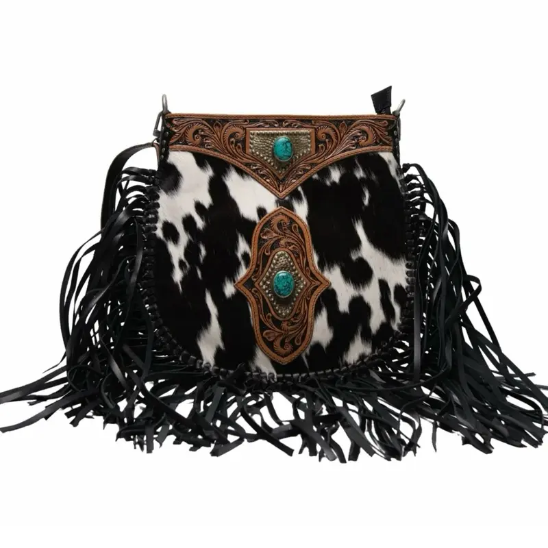 Loyal West Mojave Tassle Bag with Cowhide Design and Turquoise Accents for Western Style