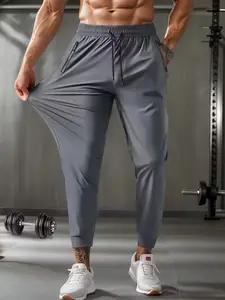 Men's Ice Silk Fiber Running Pants, Breathable Elastic Zip Pocket Sports Long Pants, Suitable for Running, Fitness, Outdoor Activities