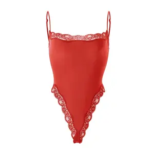 lunaclo Lace Series Women's Spaghetti Strap Lace Trim Breathable Quick-Drying Flexible Bodysuit, Chic Lightweight High Stretch Playsuit, Seamless Basic Skin-Friendly Nightdress