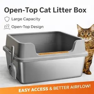 Large Stainless Steel Cat Litter Box with Removable High Side Frame, Open Top Easy Cleaning Design