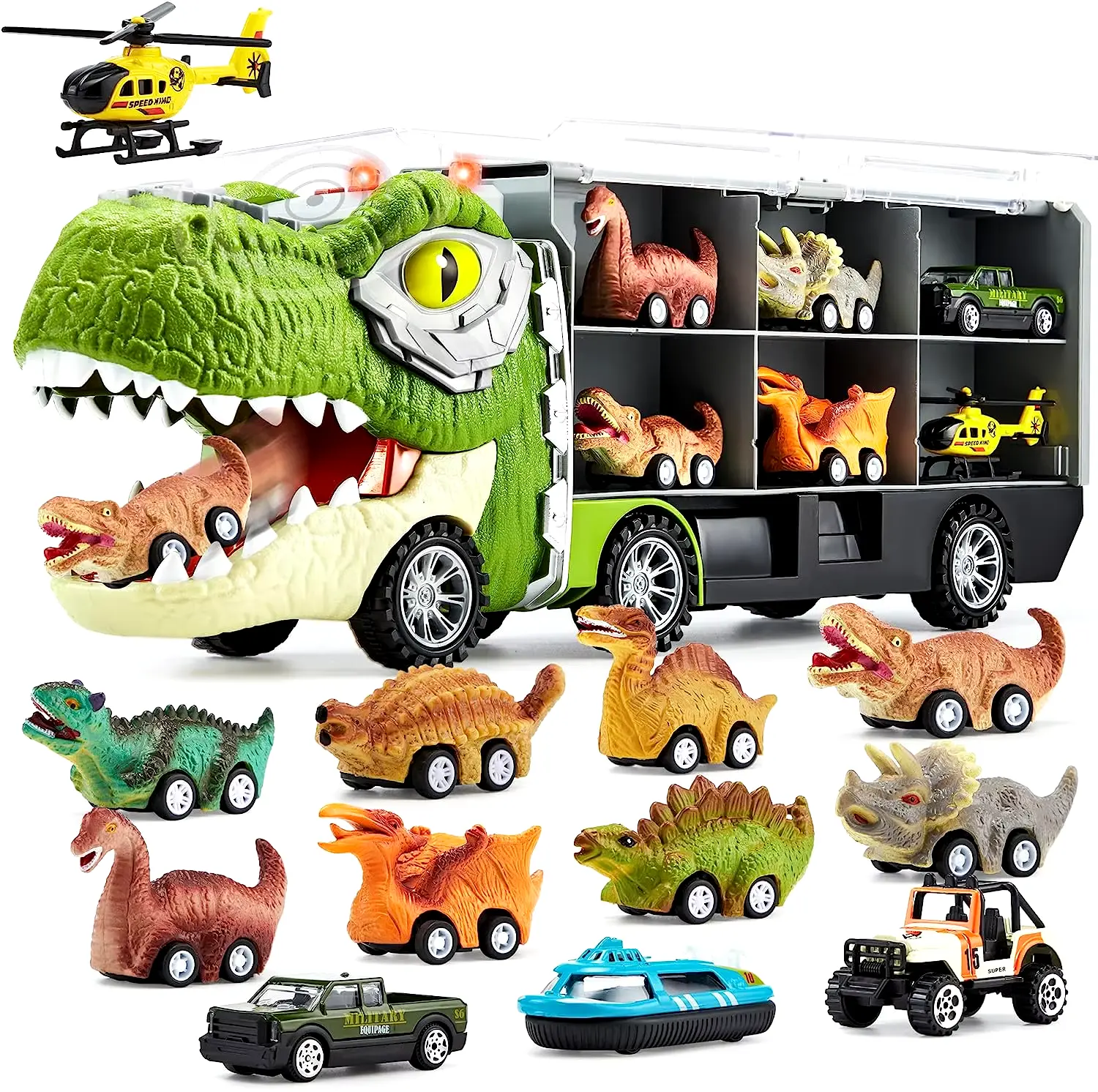 GROVIE 13 in-1 Dinosaur Truck Toys for Kids with 12 Mini Pull Cars - Dino Truck Playset for Fun Christmas Birthday Gift for 3+ Years Electric Dinosaur