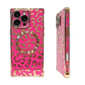 ( Case & Nova.) Fashion Leopard Print Square Edge Magnetic Phone Case with Built-in Lens Protector, Electroplated Full Shockproof Cover for iPhone 17 Pro max, 16plus, 15, 14, 13 junk Rustic Silicone beautiful