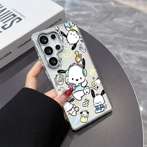 Pochaccos Cute Cartoon Phone Case for Samsung Galaxy S25 S24 S23 S22 S21 Fe Ultra Plus, Metal Silver Color Lens Frame, Transparent Soft Back Cover, Cellphone