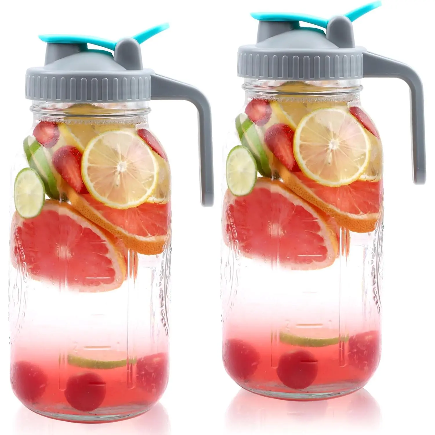 Mason Jar Pitcher 64 OZ Wide Mouth 2 Pack Glass Pitcher With Handle And Pour Spout Lid Airtight And Leakproof Water Pitcher With Flip Cap For Iced Coffee, Milk, Beverage, Lemonade, Iced