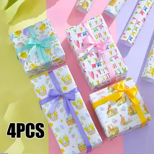 4pcs Easter New Year Holiday Gift Box Wrapping Paper, Gift Wrapping Supplies, Egg Chicken Rabbit Basket Patterns, Perfect for Gifts and Presents