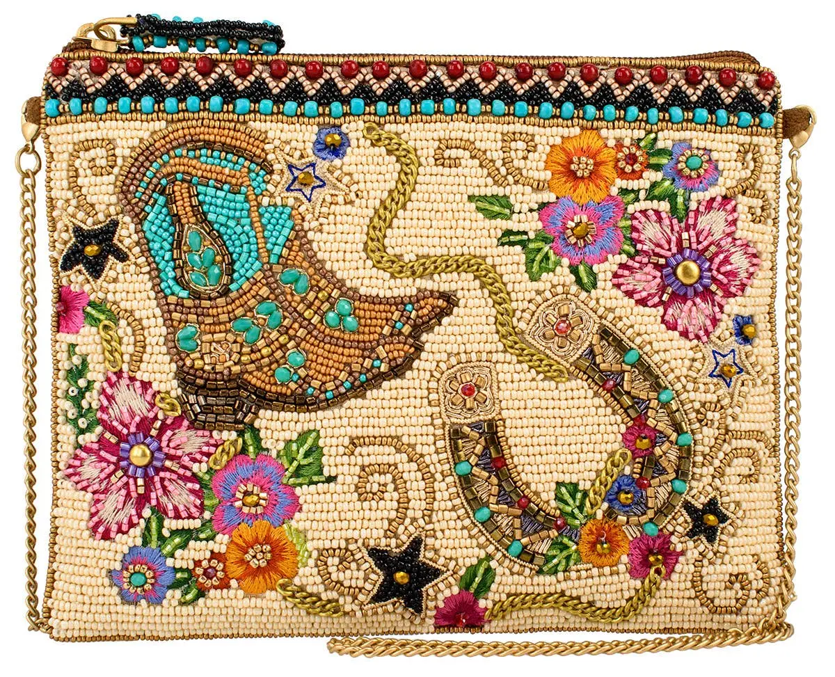 On The Range Western Boots and Horseshoe Ivory Beaded Mini Authentic Mary Frances Purse