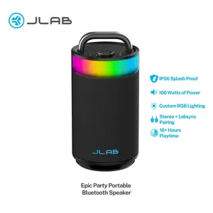 JLab Epic Party Portable 100W Bluetooth Speaker with 4 Drivers 16+ HR Playtime RGB Lighting IP56 Waterproof Lab Sync 3.5mm AUX USB-C Charging Audio Cable Handle