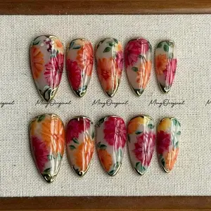 Milk Bath Floral Bloom hand-painted press on nails, pink and orange flowers, gold accents, reusable nail set, art nail,