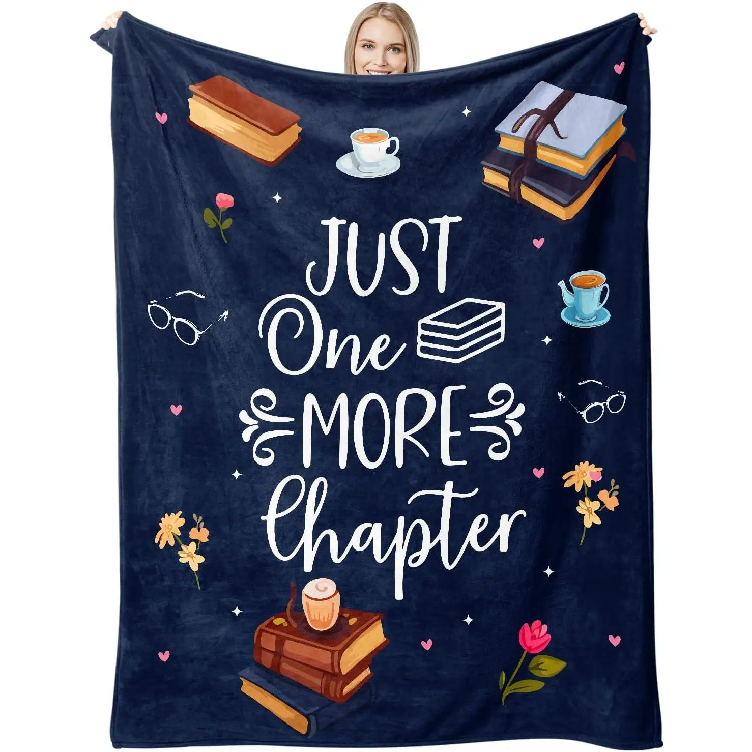 Book Lovers Gifts, Gifts for Bookworm Women Men Soft Throw Blanket, Book Club Gifts for Reading Lover Bookish, Home Bedroom Librarian Room Decor (Navy Blue)