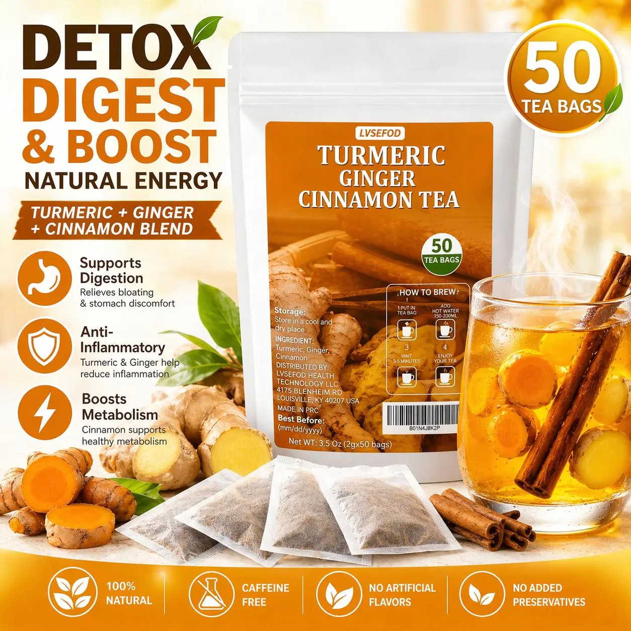 LVSEFOD  Bags Turmeric Ginger Cinnamon Tea, 100% Natural, Anti-Inflammatea. Eco-conscious Tea Bags. Turmeric Ginger Herbal Tea. No Sugar, No Caffeine, No Gluten, Vegan. antiinflamma tea, looseleaf tea Beverage anti in flama tea ginger caffeine free