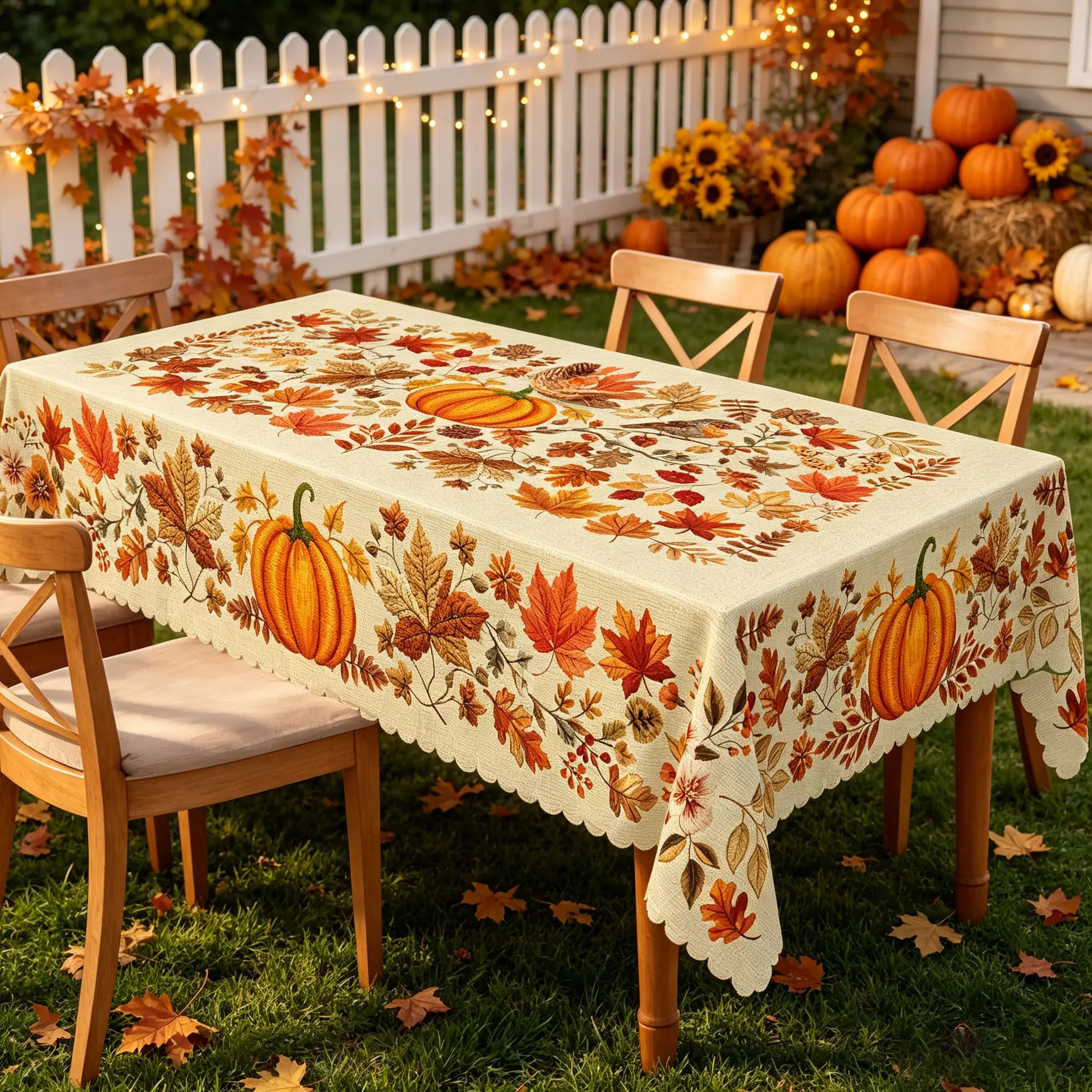PLUMLIK Polyester Embossed Shabby Chic European Table Cover - Vintage Pumpkin & Maple Leaf Pattern, Multi-Size Single-Sided Rectangular/Round Farmhouse Style, for Outdoor Dining Table Bonfire Autumn Decor, Machine Washable