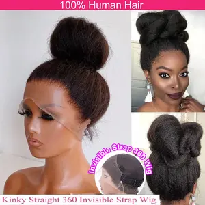 Kinky Straight Invisi Strap 360 Full Lace Glueless Human Hair Wigs 250D 360 Lace Frontal Wig Drawstring Snug Fit Glueless Wigs