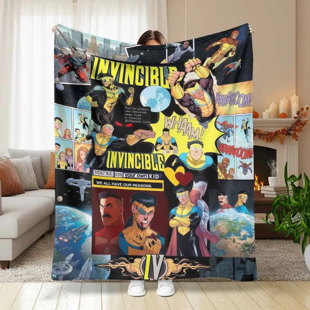 Invincible Superhero Comic Style Flannel Blanket Colorful Graphic Print with Bold Action Art Soft Warm Cozy Lightweight Bed Sofa Decor Perfect for Home Office Lounge Movie Night Gift Use