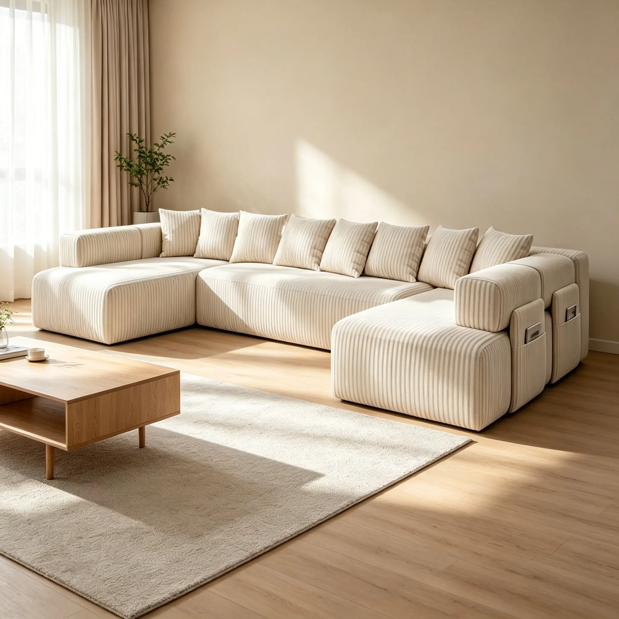 146-Inch U-Shaped Modular Sectional Sofa, Bone-Free Deep Seat Cloud Couch, Soft Corduroy Upholstery, 4-Seater for Living Room, Comes with 4 Throw Pillows & 2 Back Pillows, Beige.