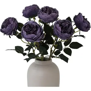 6Pcs Burnt Purple Artificial Roses Flowers Fake Silk Roses Flower with Long Stem for Wedding Decorations Table Centerpieces Flower Arrangement Home (Burnt Purple)