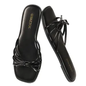 Women's Strappy Sandals Square Open Toe Bow Sandals for Women Dressy Summer Flat Sandals for Beach Vacation