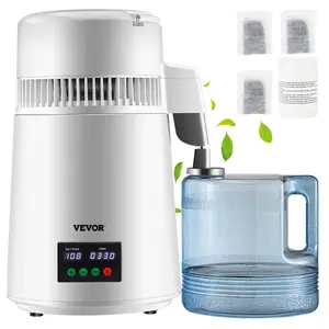 VEVOR 1.1Gal Water Distiller, 0.3Gal/H, 750W Distilled Water Maker Machine 0-99H Timing Set Temp Display, 304 Stainless Steel Countertop Distiller Plastic Carafe Cleaning Powder 3 Carbon Packs, White