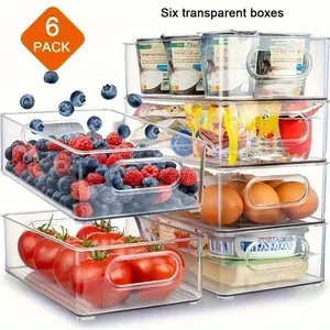 Set of 6 Transparent Plastic Storage Boxes, Stackable Fridge Organizer for Fridge, Freezer, Cabinet, Cosmetics, Food Organization, Durable & Versatile Kitchen Containers