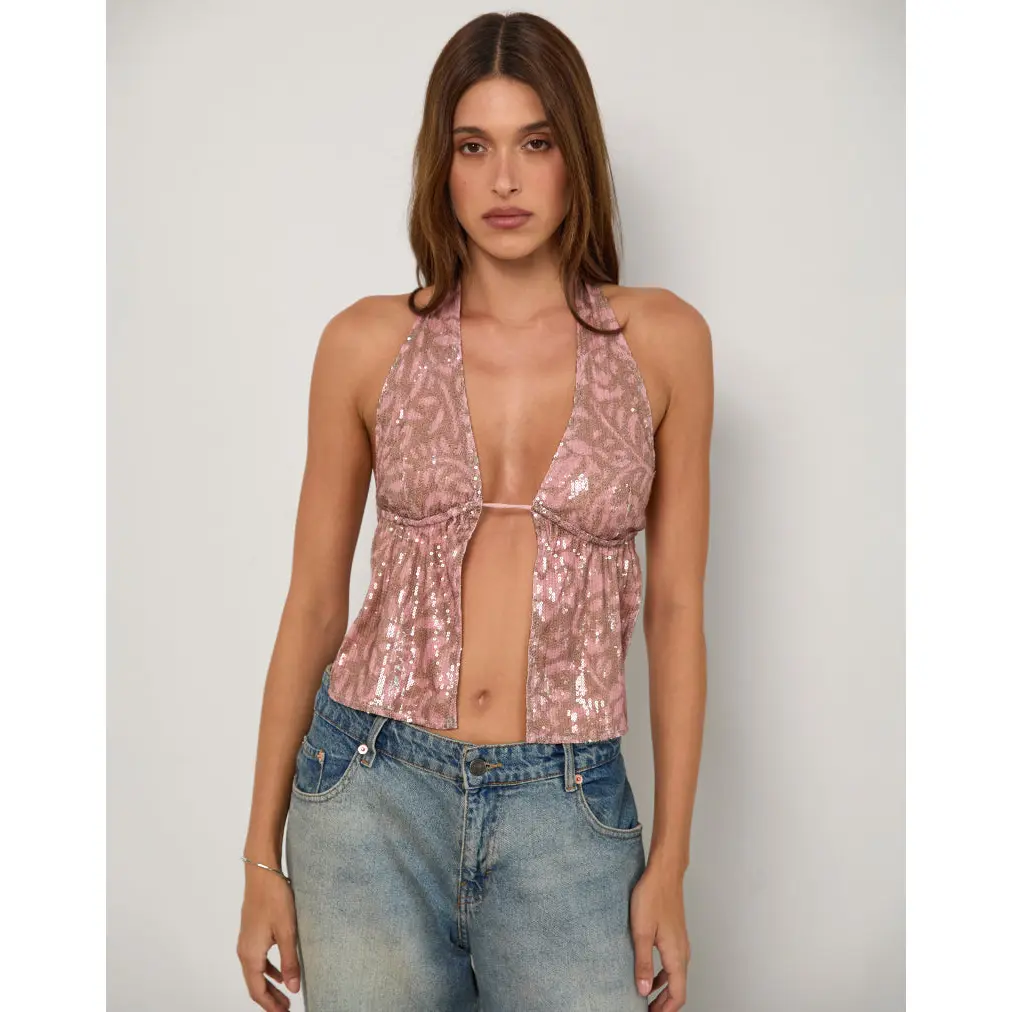 Rokudo Halterneck Top in Boho Batik Sequin Pink