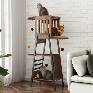 Modern Cat Tree, 58-Inch Cat Tower for Large Cats, Maine Coon Cat Tree with Scratching Board, Large Perch, Hammock and Removable Pads, Rustic Brown