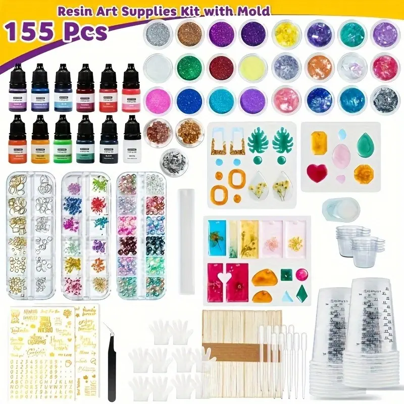 JANCHUN 155 pcs Assorted Reusable Epoxy Resin Jewelry Making Kit - Classic Beads, Silicone Moulds for DIY Earrings, Keychains | Christmas Gift for Crafters
