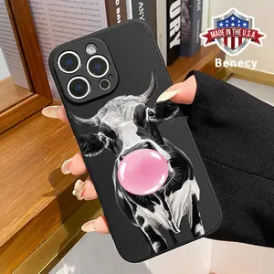 Straight Edge Phone Case for iPhone 15 Plus 16 Pro Max 14 13 12 11 XS XR E Pink Bubble Cow Pattern Pocket-Friendly Shockproof Silicone Protective Soft Case