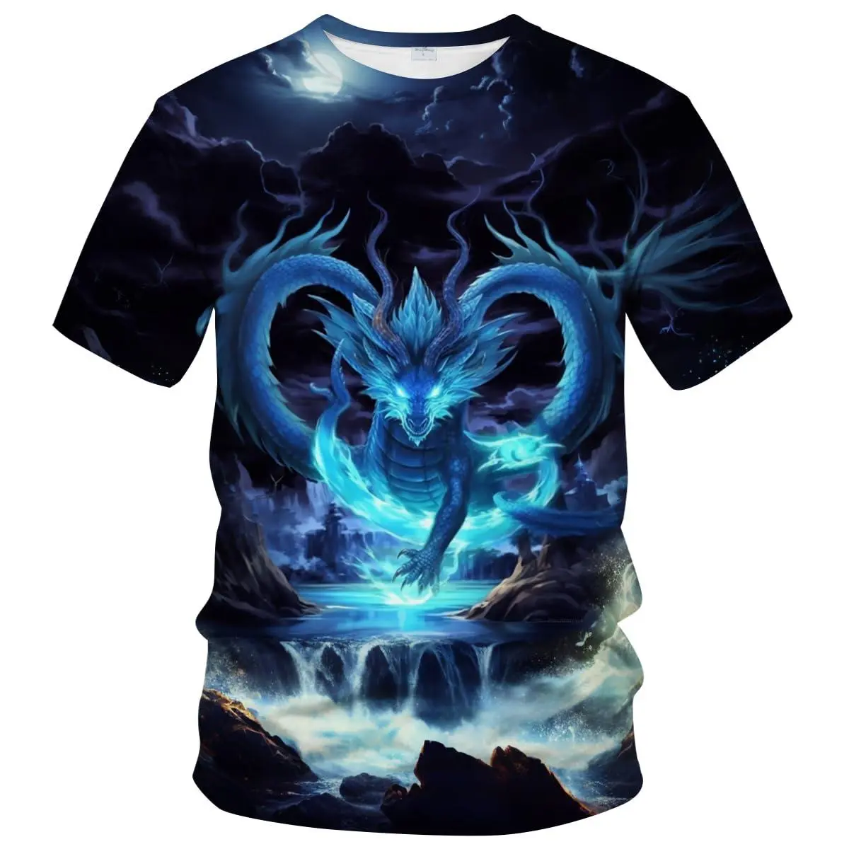 Unisex Blue Dragon 3D Print T - Shirt, Mythical Dragon with Moonlit Night, Waterfall & Stormy Clouds, Ideal for Casual Wear, Fantasy Events, Chinese New Year, for Adults & Dragon Lovers