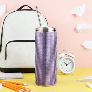 Purple Bling Rhinestone Travel Tumbler with Secure Metal Lid & Reusable Straw Insulated for Coffee Tea Water and Cold Beverages 16oz or 20oz Capacity Perfect Gift for Sparkle Lovers Drinkware Cup