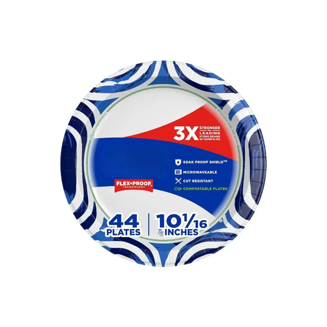 Large Paper Plates, 10 Inch, 44 Count, 3X Stronger*, Heavy Duty, Microwave-Safe, Soak-Proof, Cut Resistant, Disposable Plates For Heavy, Messy Meals