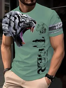 Men's Summer Casual 3D Tiger T-Shirt, Lightweight Polyester, Round Neck, Short Sleeve, Dynamic Color Design