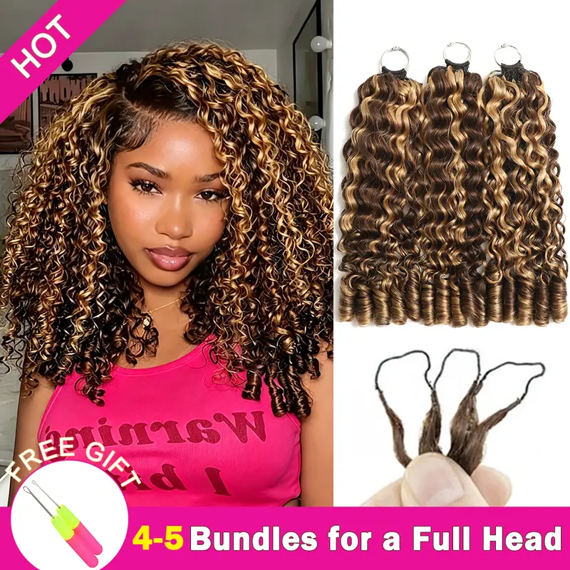 【New Color】Asakiss Human Hair Crochet Extensions, P4/27 Honey Blonde Burmese Curly Miracle Knots, #4 Chocolate Brown Texturized, 99J Burgundy Feather, Pre-Separated (50g, 40 Strands Each, 4-5 Needed for Full Head Protective Hairstyles)