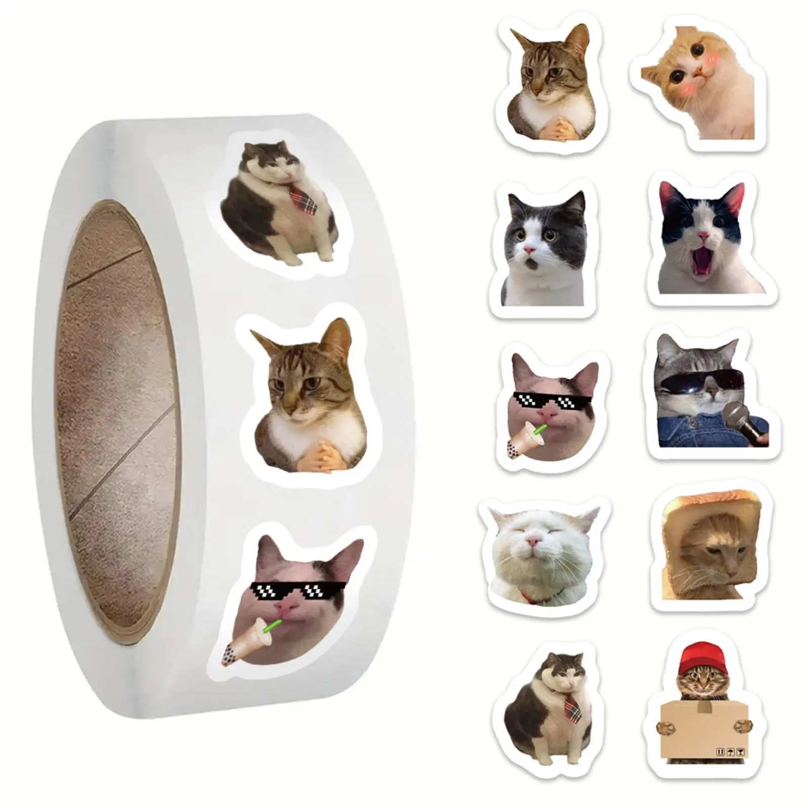 Cat Emoji Sticker Roll, Fun Cat Stickers, Cute Animal Decals, Vinyl Waterproof Stickers, Cute Stickers, Funny Stickers (500pcs/roll)