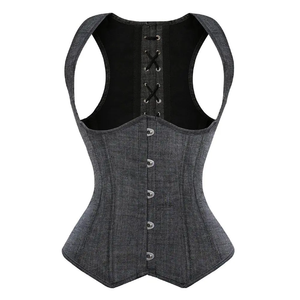 Women's Satin Boned Underbust Corset Shaper - Halter Neck, Cropped, Lace-Up, Waist Cincher, Plus Size Gothic Vintage Fashion Lingerie for Halloween Cosplay, Grey
