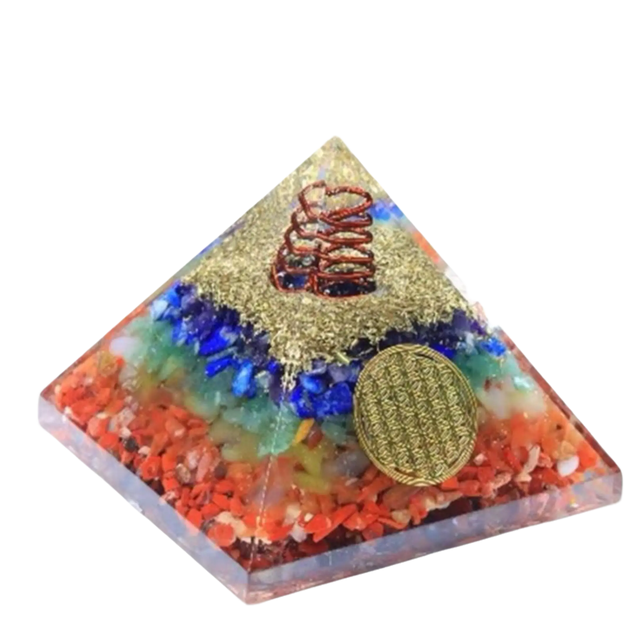 7 Chakra Orgone Pyramid with Golden Flower of Life Emblem for Energy Balance and Harmony Decoration Items Home Decore