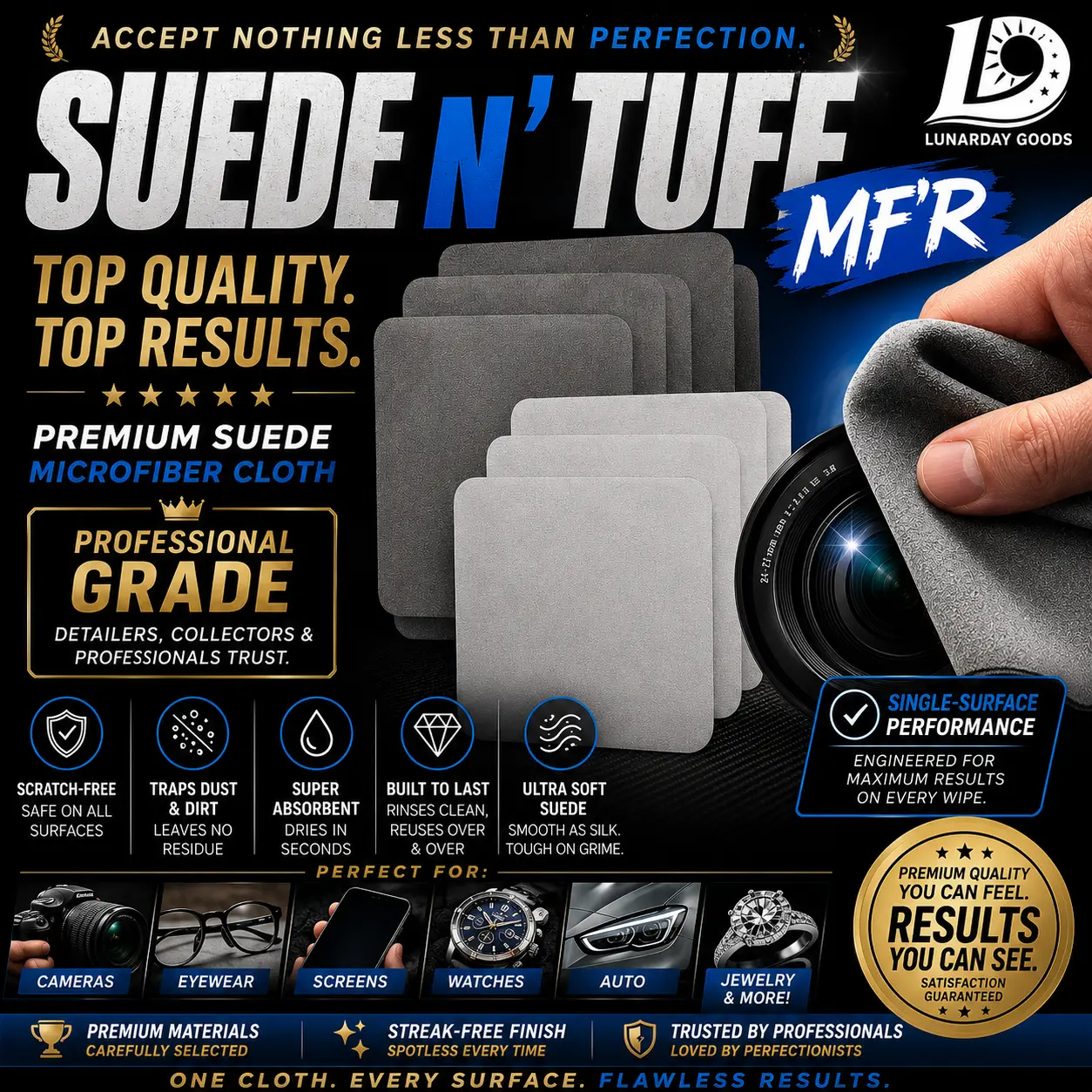 SUEDE-N-TUFF MF'R - Premium Suede Microfiber Cloths (6" x 6") - Mixed 200/230 GSM