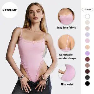 Katch Me Women's Solid Color Spaghetti Strap Lace Trim Stretch Bodysuit, Comfort Basic Minimalist Fitted Casual Sleeveless Shapewear for Summer