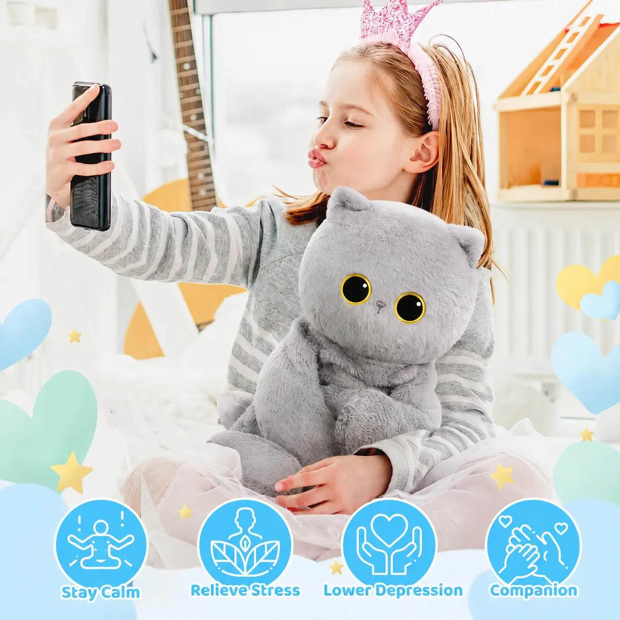 weighted Stuffed Animals, 4 Lbs Customizable Gray cat Stuffed Animal Up to 5 Lbs, Stuffed Sloth Plush for Stress Relief, Ideal Birthday Gifts Halloween Christmas Gift for Girls Boys