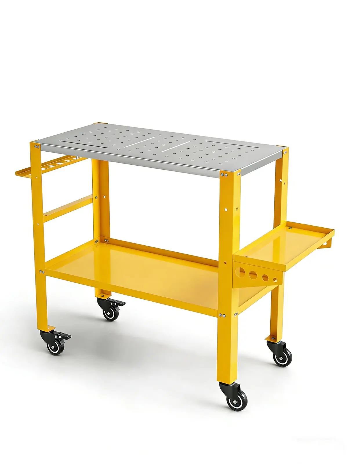 36" x 18" Welding Table, 1200 Lbs Capacity Welding Workbench Table Top with Lockable Wheels,Tool Rack & Tray, 4 Tool Slots and 5/8" Fixture Holes for for Welding Repair Works, Yellow