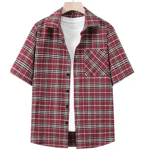 Men’s vintage red plaid short-sleeve shirt, loose casual button-front shirt with chest pocket, breathable summer everyday top