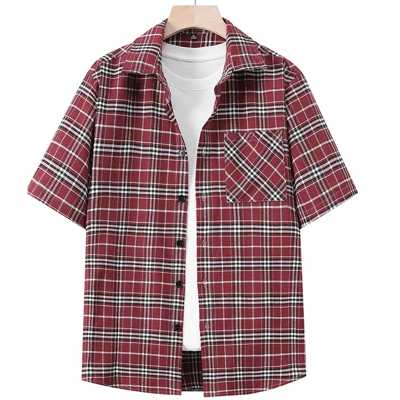Men’s Chic Classic Vintage Red Checked Print Short-Sleeve Button-Front Shirt - Loose, Casual, Breathable Summer Everyday Top with Chest Pocket, Wardrobe Staple, Father’s Day Gift