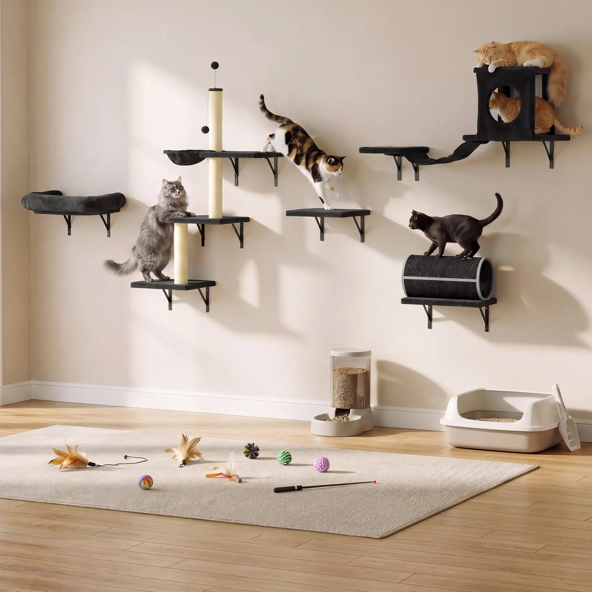 Bifanuo 7 Pcs Luxury Wall-Mounted Cat Furniture Set, Indoor Cat Climbing Frame Set, Multi-Cat Household Activity Center With Cat Tree, House, Bed, Bridge, Steps, Tunnel, Scratcher, , Cat Wall Furniture For Rest & Play