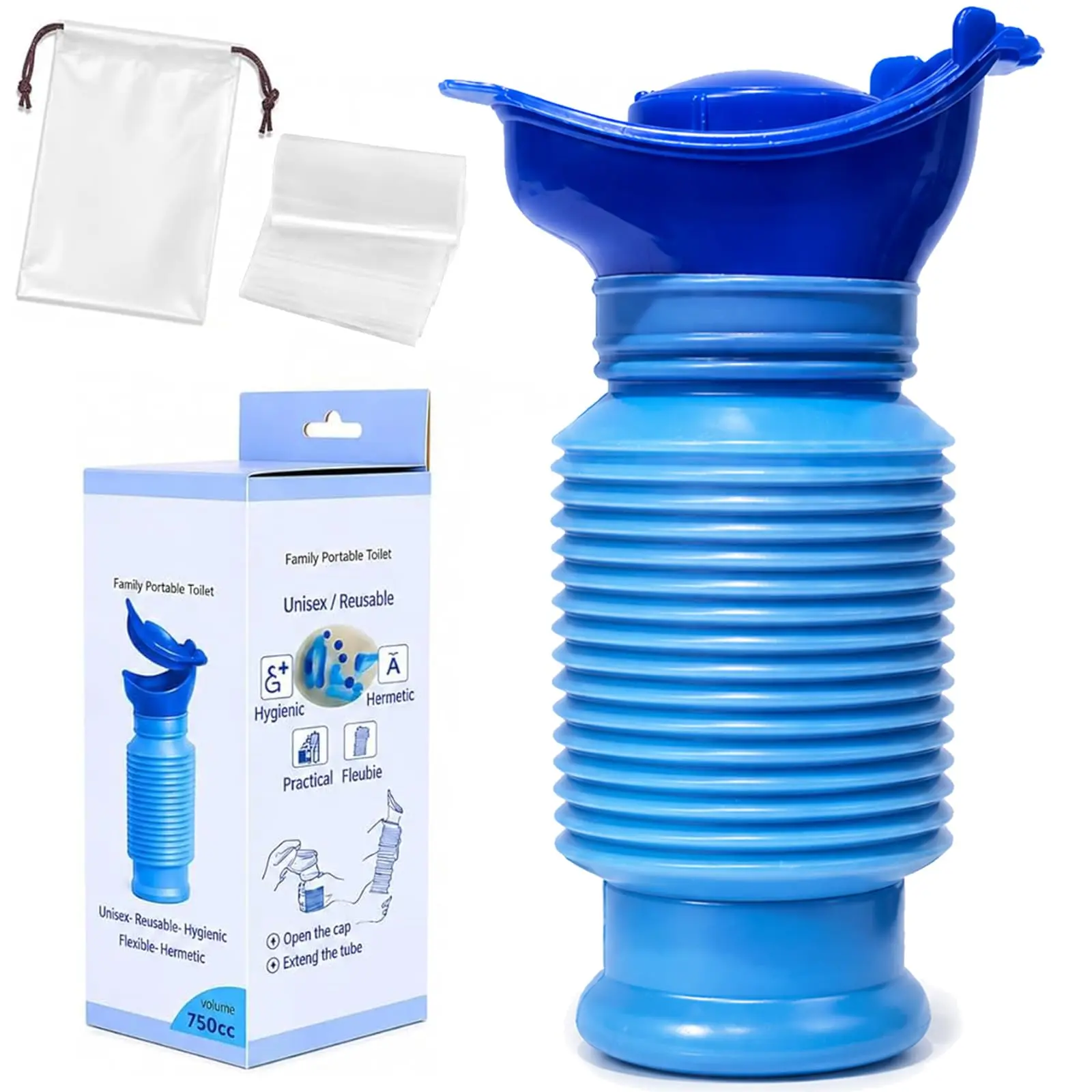 750ML Emergency Urinal, Pedestal Urinal, Pocket Toilet for Men Women, Pee Bottles with Sealed Lid Collapsible Portable Urinals for Camping Travel Car Traffic Flexible Hermetic Practical Hygienic Blue Travel Companion