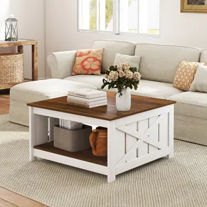 COSTWAY - Farmhouse Coffee Table 31 Inch Square Coffee Table with Storage Shelf-White COSTWAY - Farmhouse Coffee Table 31 Inch Square Coffee Table with Storage Shelf-White