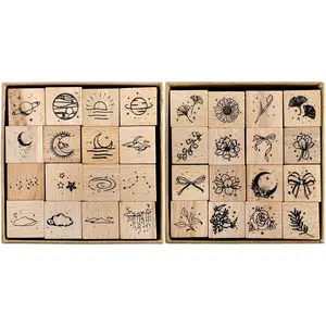 32 Pieces Wooden Rubber Stamp Set, Moon Star Botanical Decorative Wood Stamps for Journal, Diary, Scrapbook, Planner, Letter, DIY Craft, Card Making