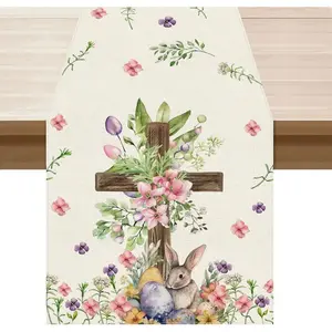 Watercolor Bunny Cross Colorful Eggs Flowers Leaves Rabbits Easter Table Runner Table Decoration for Party Home Kitchen Dining Holiday Decor 13x72 Inch