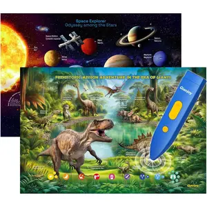 Bilingual Interactive Talking Dinosaur Space Poster, Kids Learning Educational Toy, for Ages 3-12 Years Old, Space Theme Wall Decor for Preschool