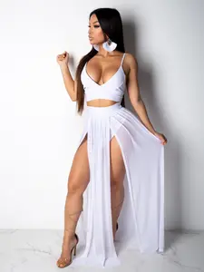 Two-Piece Set Women's Solid Fitted Crop Cami Top & 2 in 1 Split Thigh Skirt Set, Casual Fashion Cozy Two-piece Set for Daily Outdoor Wear, Ladies Clothes for Summer