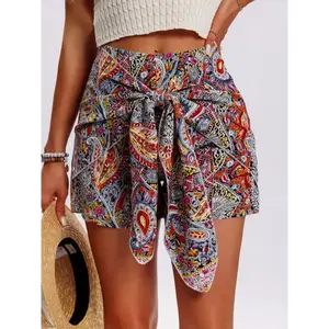 Paisley Print High Waist Shorts, Boho Knot Front Shorts For Spring & Summer,Women's Clothing Fabric Womenswear Elegant Chic Bottoms Polyester Colorful