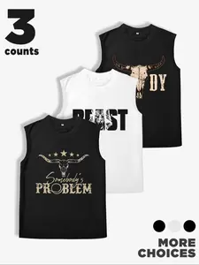 Men's Cow Head & Bull Print Tank Top, Regular Fit Casual Sleeveless Top for Summer, Men's Top for Daily Wear, Socks